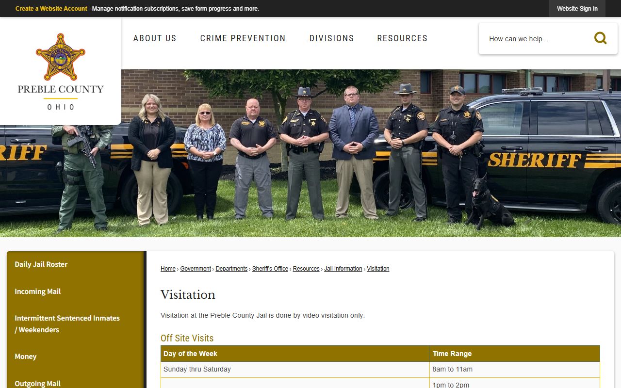 Preble County inmate records video visitation schedule
