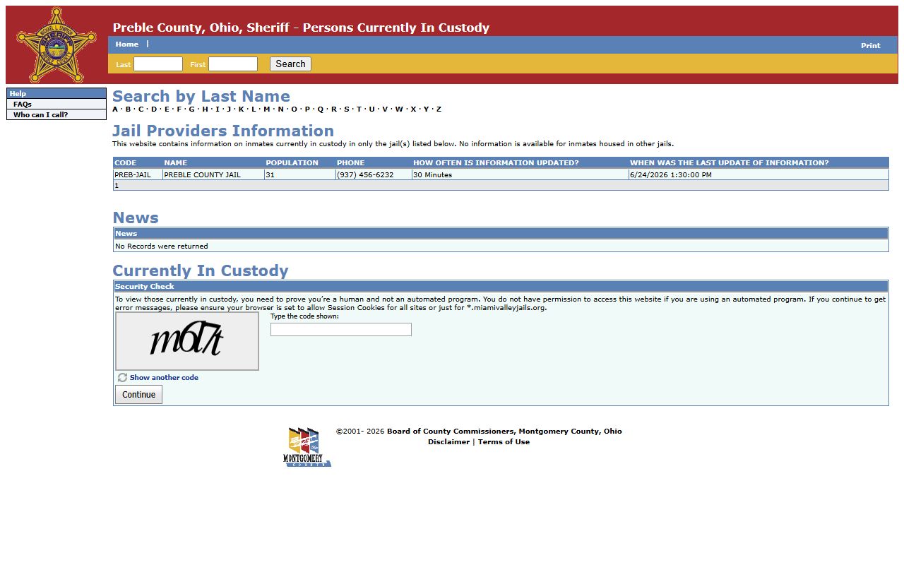 Preble County inmate records roster provider table and captcha gate